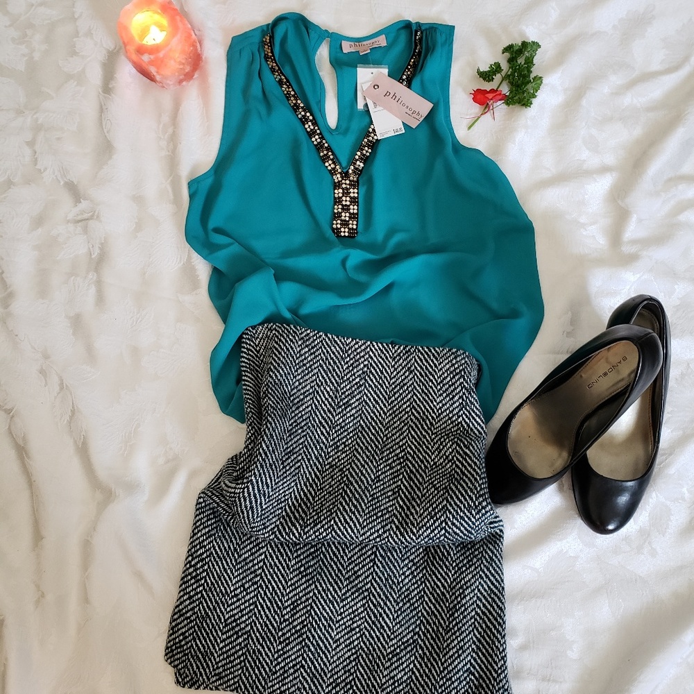 Philosophy Stone Fringed V Neck Teal